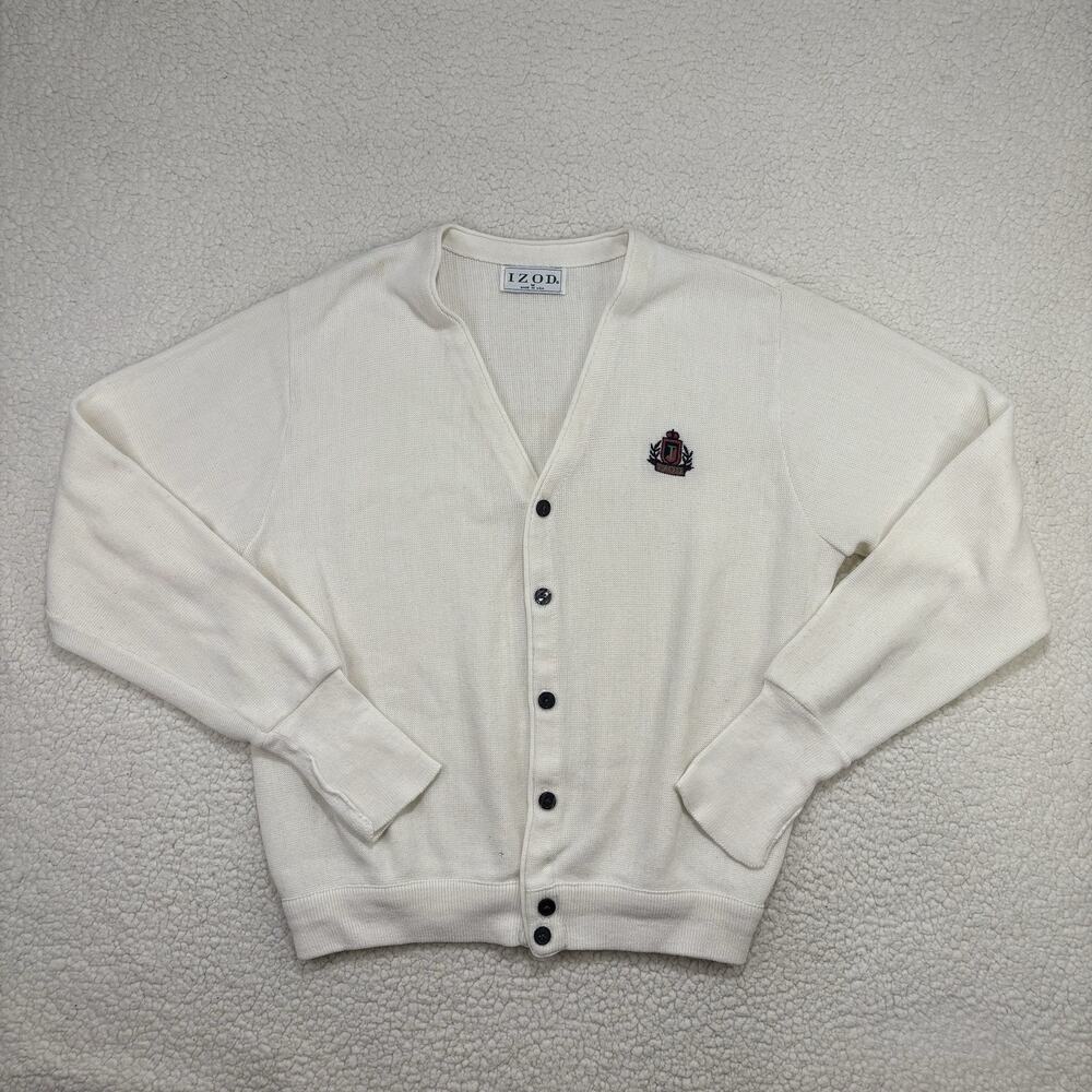 Vintage IZOD Crest Logo Cardigan Sweater Men's Size M Cream Made‎ in USA